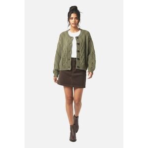 Panache Chunky Cable Knit Cardigan Sweater Women's XL Olive Green Button Up EUC